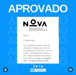 Aprovação de aplicação do estudante para o curso de Management Program at Nova School of Business Economics